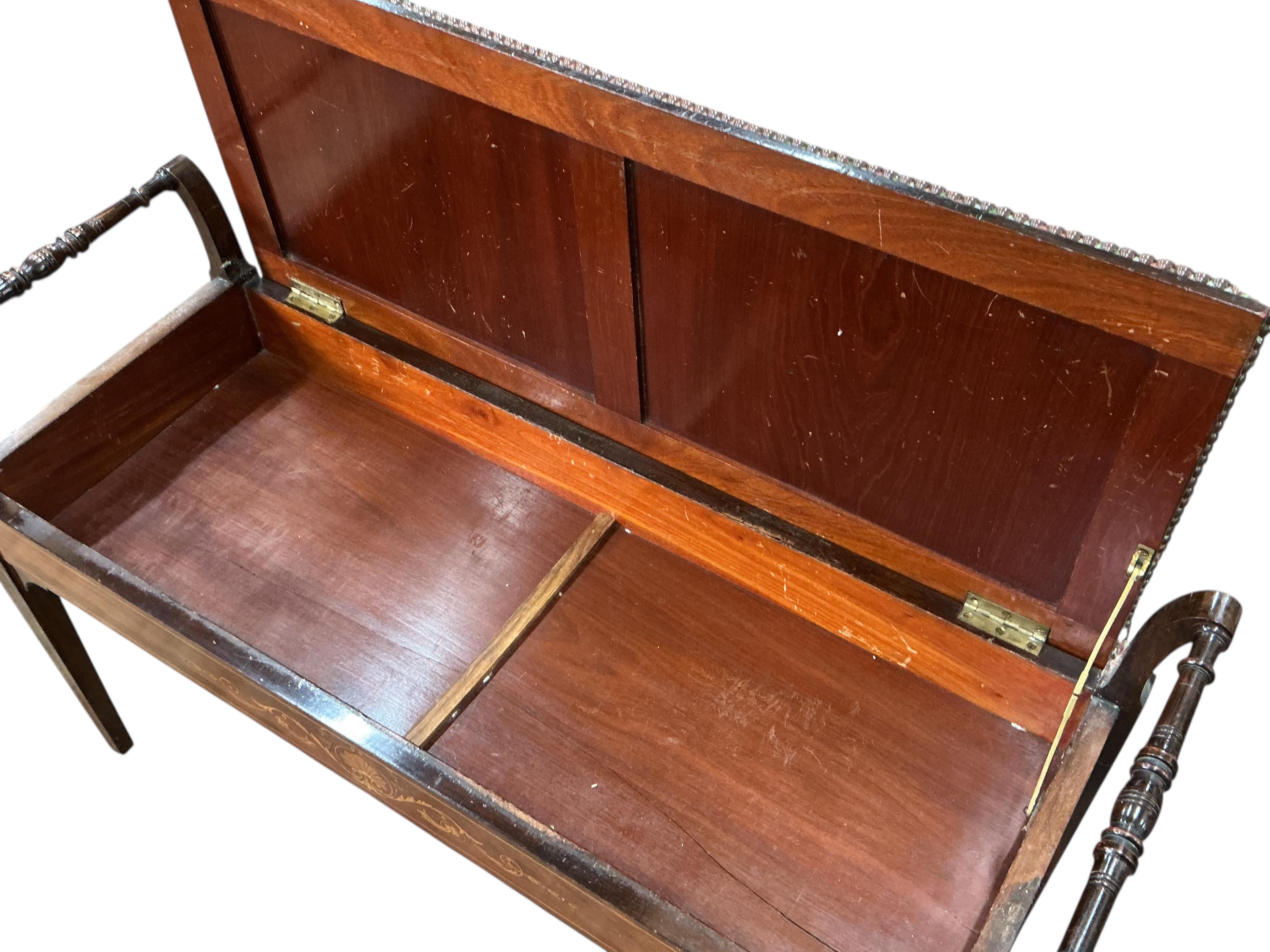 An Edwardian marquetry inlaid rosewood duet piano stool, width 99cm, depth 38cm, height 56cm